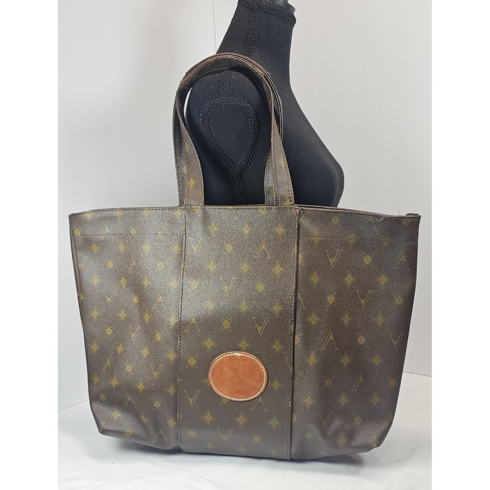 Vespucci Monogram Tote Y2K Brown Shoulder Bag Leather Trim Vintage Chic